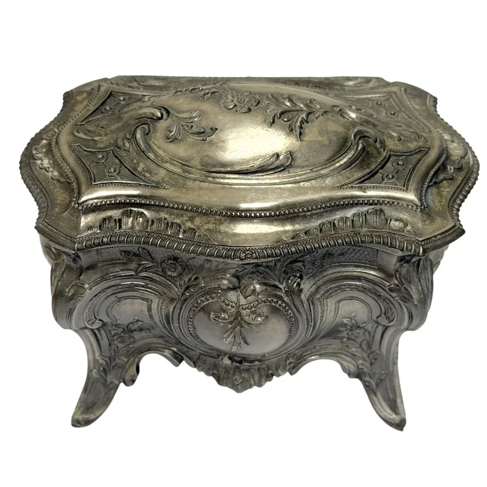 Vintage Pewter Intricate Floral Jewelry Casket Box Ornate Victorian Design Japan